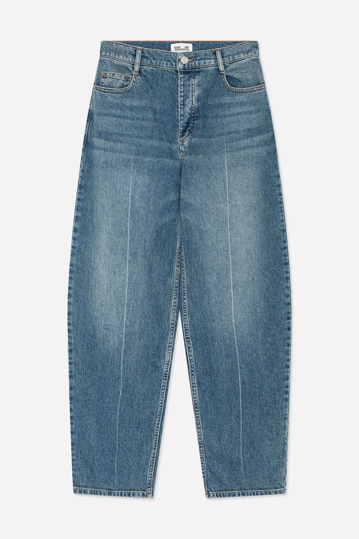 Front view of faded blue straight-leg jeans with contrast stitching, a button closure and curved pockets