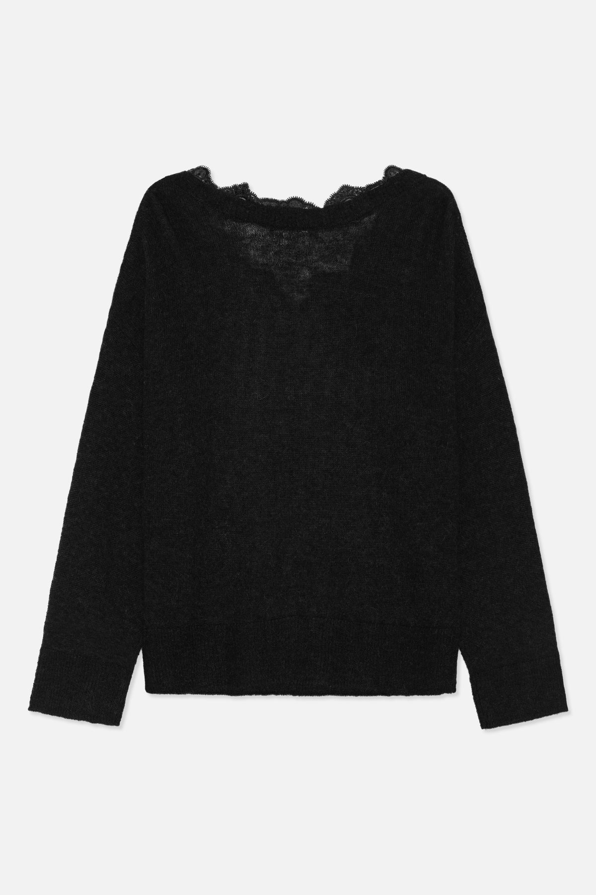 Set forfra: en sort, strikket Sweater med lange ærmer og en bred halsudskæring, kantet med bølgeformet blonde.