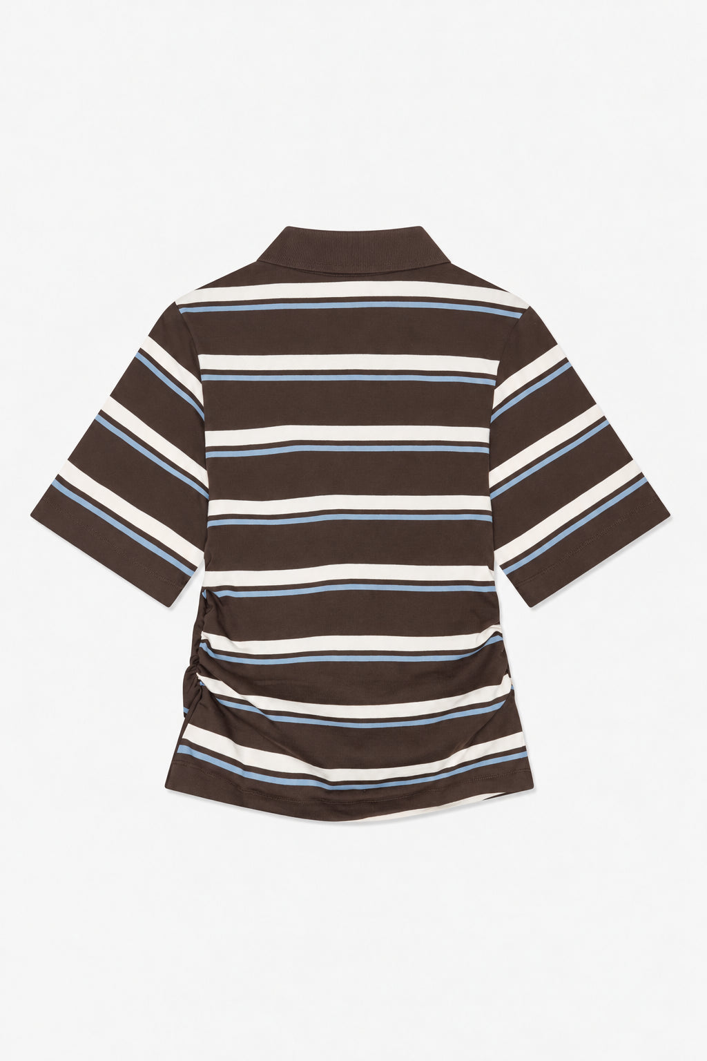 Back view of a short-sleeved collared shirt with dark brown, cream and blue horizontal stripes and ruched sides.