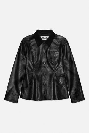 Black textured button-front jacket with a pointed collar, long sleeves and one chest pocket, shown from the front