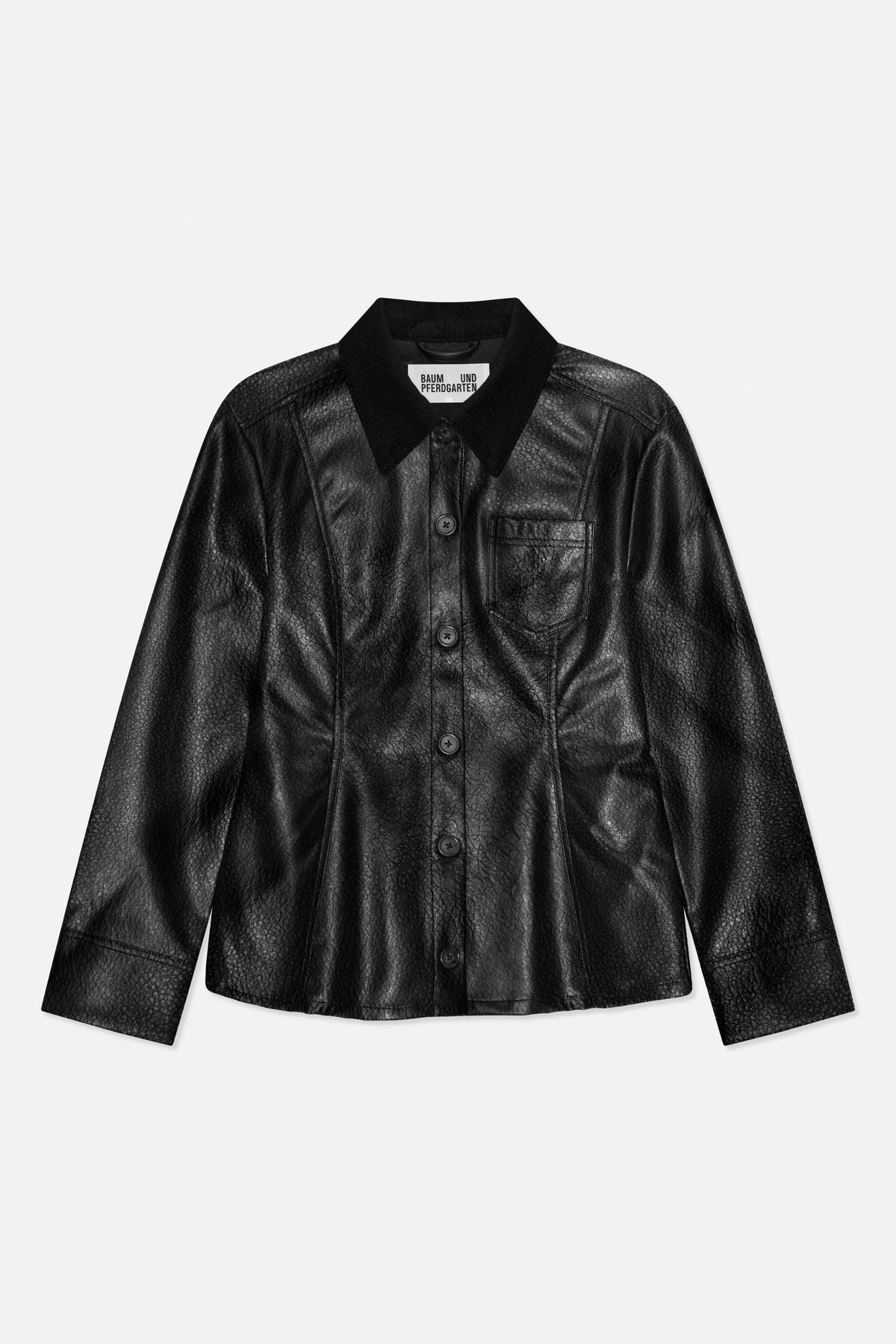 Black textured button-front jacket with a pointed collar, long sleeves and one chest pocket, shown from the front