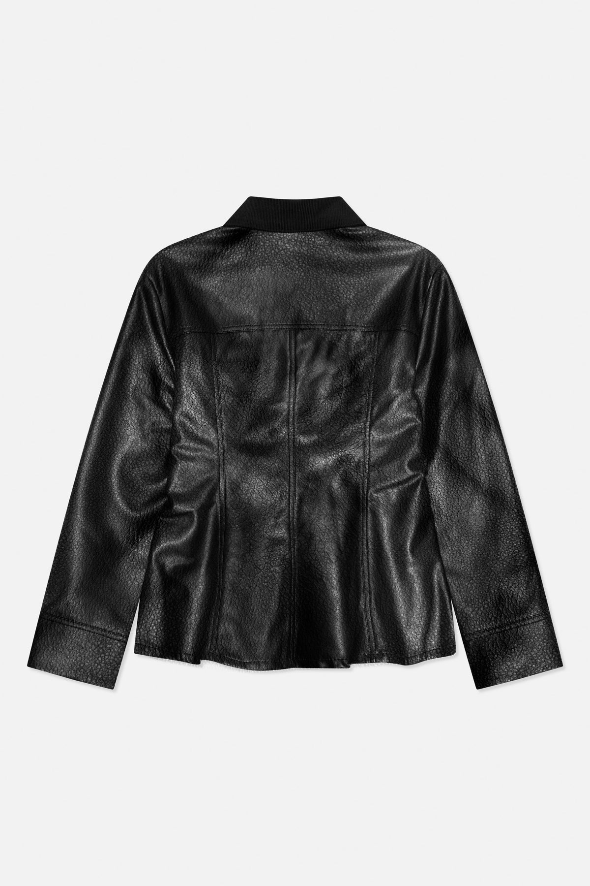 Back view of a black jacket with a pebbled texture, ribbed collar, long sleeves and vertical panel seams.