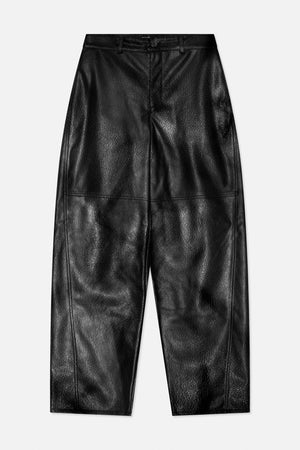 Front view of black textured wide-leg shorts with a buttoned waistband and belt loops