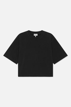 Front view of a black short-sleeve crew-neck T-shirt with subtle tonal lettering on the chest.