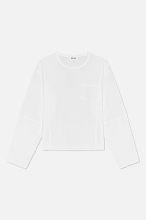 White long-sleeved crew-neck T-shirt shown from the front, with a chest pocket and subtle tonal logo detail.
