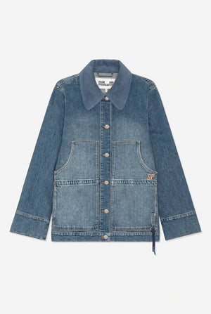 Front view of a blue denim jacket with a ribbed collar, metal buttons, and two large contrasting patch pockets.