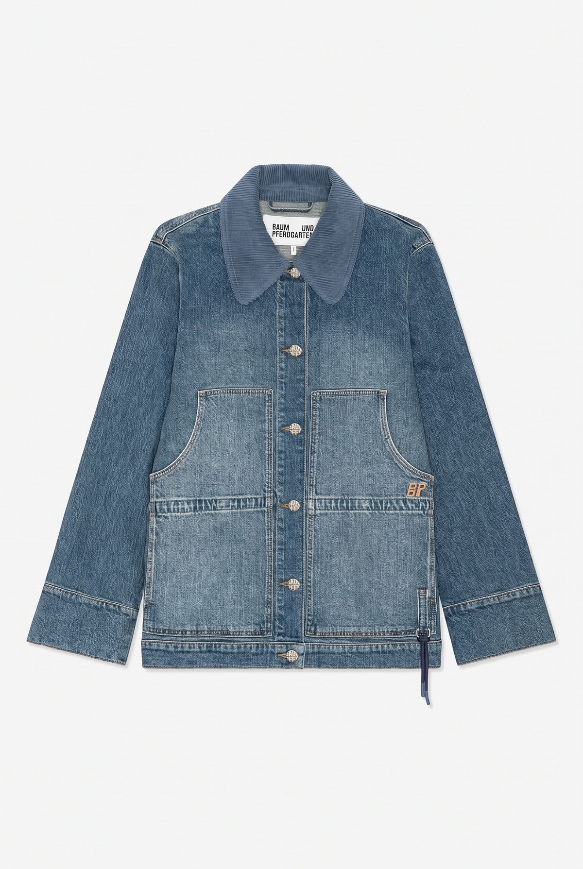Front view of a blue denim jacket with a ribbed collar, metal buttons, and two large contrasting patch pockets.