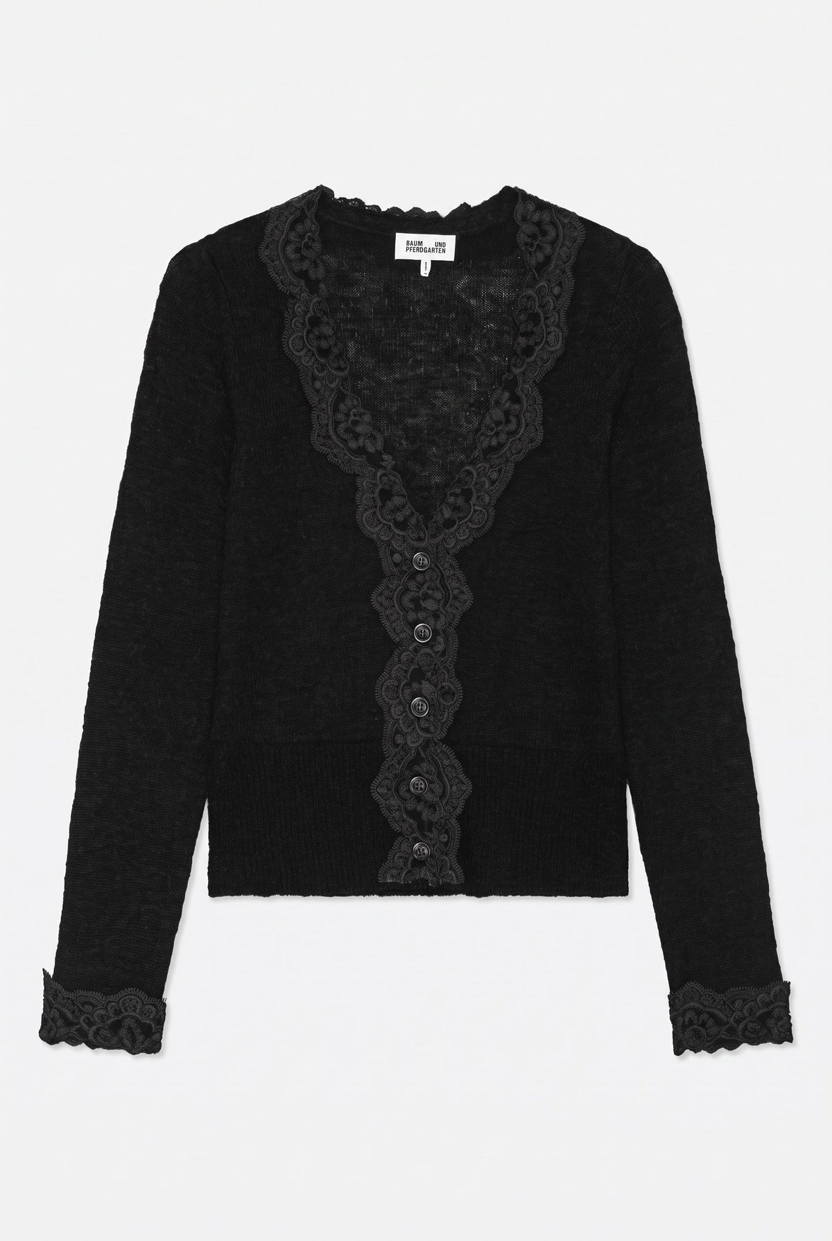 Front view of a black long-sleeved cardigan with decorative floral trim along the neckline, button placket and cuffs.
