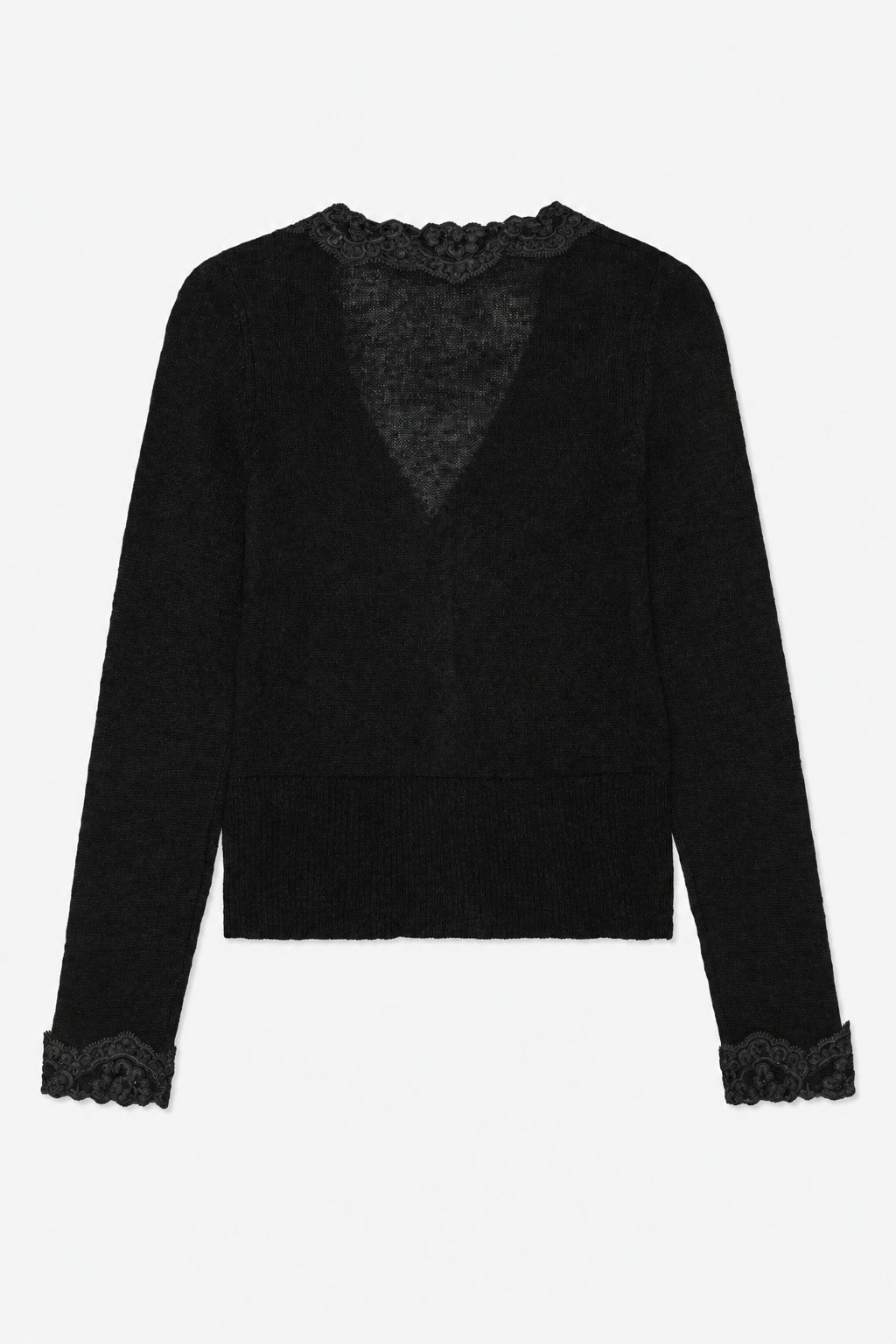 Back view of a black long-sleeved knit top with a sheer lace panel and lace trim at the neckline and cuffs.