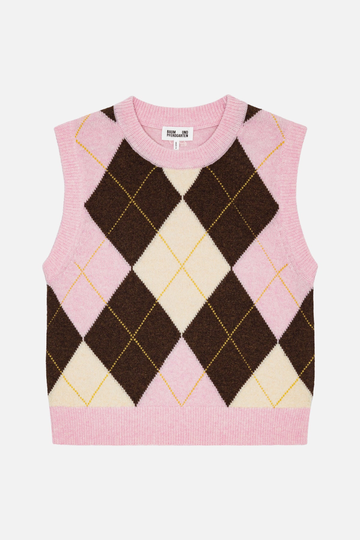Front view of a sleeveless knitted vest with a pink, brown and cream argyle pattern, fine yellow accents and ribbed trims.