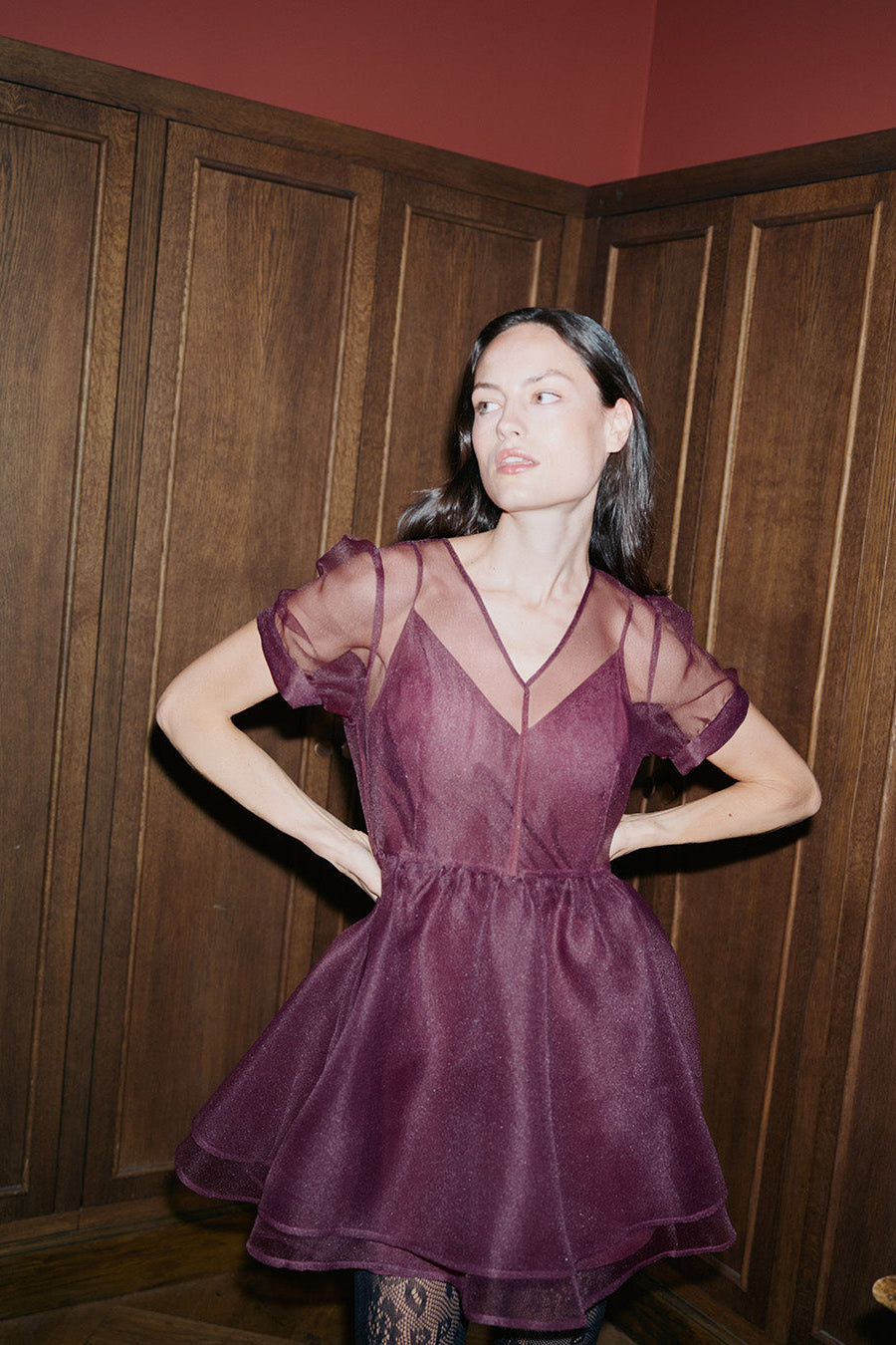 A woman modeling a short-sleeved purple dress with sheer puff sleeves and a V-neckline, standing in front of dark wood-paneled walls.